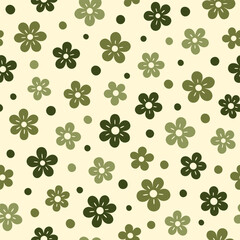 Seamless vector pattern featuring stylized olive flowers and polka dots in a minimalist style. Elements in green shades are set against light background, creating a simple nature-inspired design