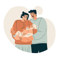 Young Man and Woman with Newborn Baby Child Vector Illustration