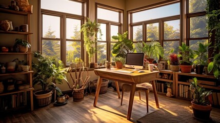 Sunlight Filled Home Office with Plants