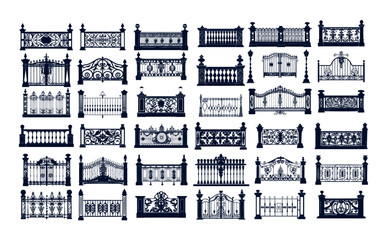 Fences black silhouettes vector set. Metal gates steel decorative rods barriers floral motifs classical ornamental mansions parks balcony terrace castles hurdles, outdoor isolated exterior