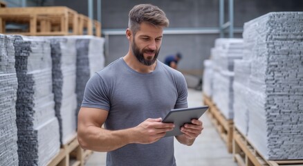 A male worker in a warehouse examines construction materials using a tablet, highlighting the role of technology in inventory management and quality control in the construction industry.