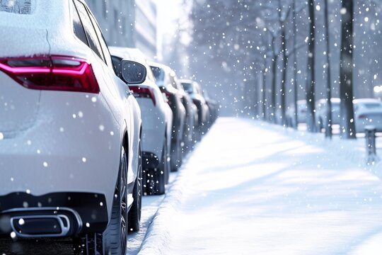 Row of parked cars covered in snow along a city street during snowfall. Winter urban parking concept