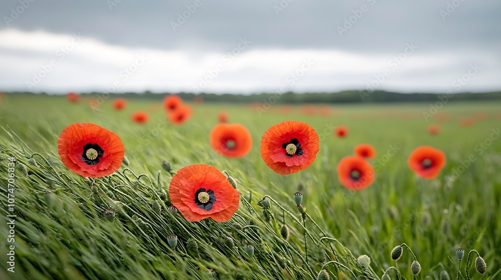 Poster poppies swaying gently in a meadow with a cloudy atmospheric sky above a serene and contemplative sc