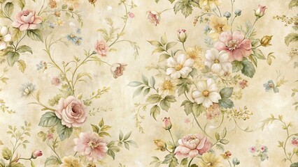Delicate Watercolor Floral Pattern with Vintage Aesthetic and Soft Hues of Pink, Yellow, and Green
