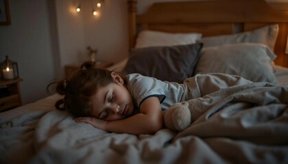 A young girl peacefully sleeps with her teddy bear in a cozy bedroom during night time