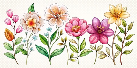 Obraz premium Hand-Drawn Silhouette of Floral Beauties: A Collection of Delicate Flowers in a Colorful and Artistic Style for Engaging Coloring Activities and Creative Projects