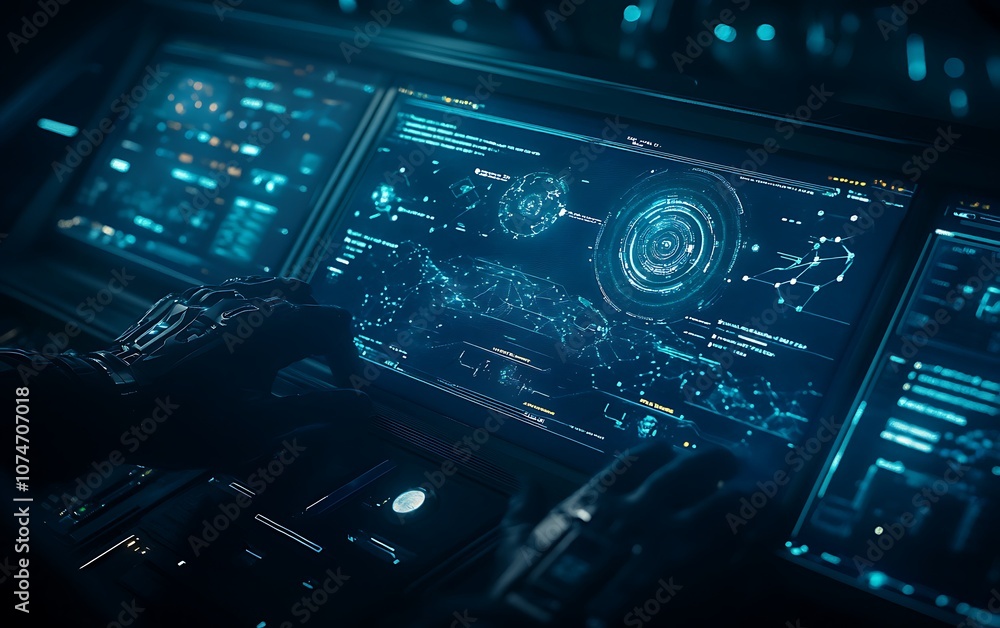 Poster A futuristic control panel illuminated by blue light, featuring digital interfaces and data displays, suggesting advanced technology and space exploration.