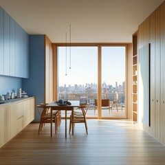 Fototapeta premium A kitchen with a blue wall and wooden cabinets