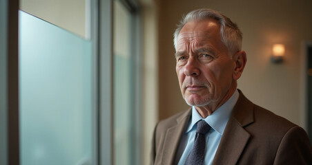 Senior businessman with contemplative expression gazing out office window against blurred interior background