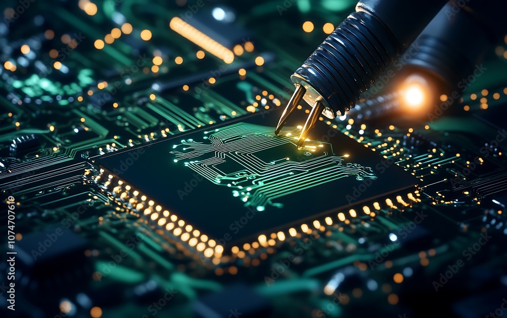 Leinwandbilder A close-up of a circuit board with vibrant lights, showcasing intricate components and a focus on a microprocessor being connected or tested.