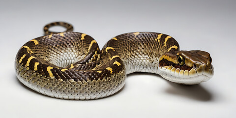 Obraz premium a coiled snake with various unique patterns and types, lying on a white background. Realistic view. created with generative AI