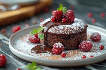 Chocolate Lava Cake with Raspberries, Mint, and Chocolate Sauce