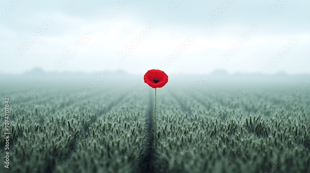 Poster a single vibrant red poppy standing alone in a serene field symbolizing remembrance and honoring the