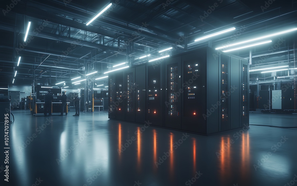 Fototapete A high-tech data center featuring sleek server racks and illuminated surroundings, emphasizing a modern digital infrastructure.