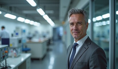 Confident Mature Businessman Smiling in Modern Laboratory Environment
