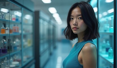 Obraz premium Young woman with confident expression standing in futuristic laboratory against blue-lit background