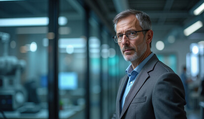 Mature businessman with serious expression in modern office environment