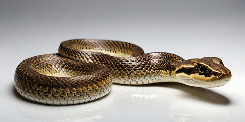 Fototapeta premium a coiled snake with various unique patterns and types, lying on a white background. Realistic view. created with generative AI