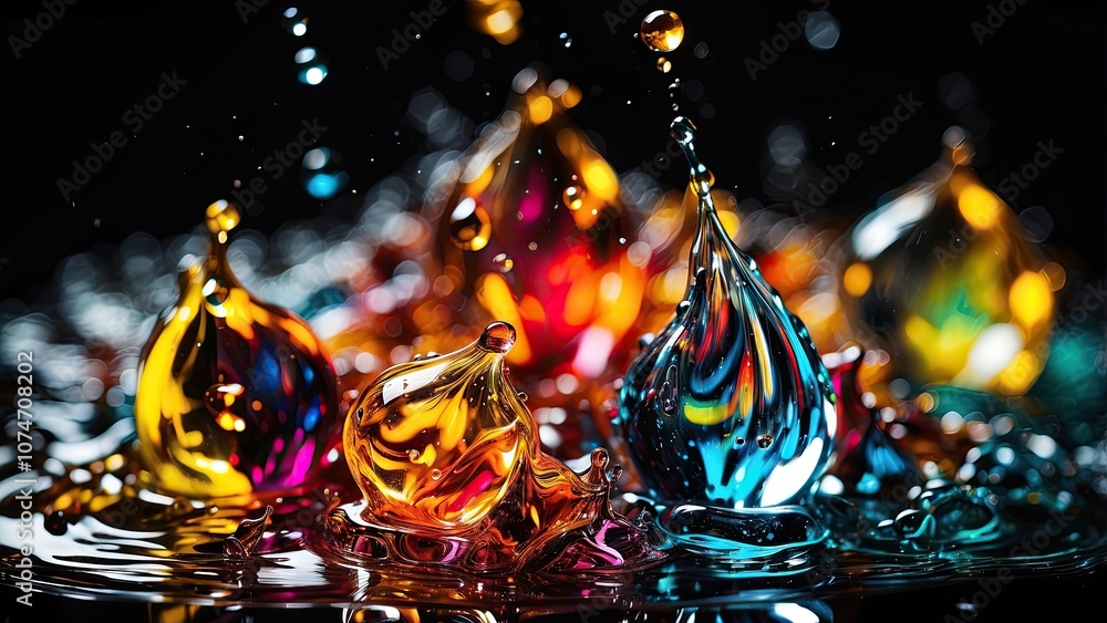 Poster macro photograph of a vibrant water drop splash in multiple colors on a black background, capturing 