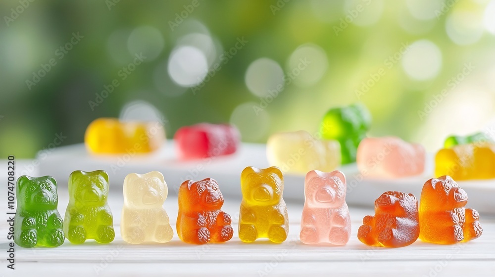 Poster Macro close up shot highlighting the glossy chewy texture and vibrant colors of assorted gummy bears against a soft blurred backdrop