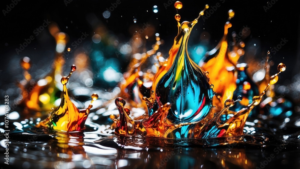 Poster macro photograph of a vibrant water drop splash in multiple colors on a black background, capturing 