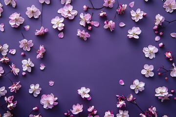 top view of beautiful flowers on violet background with copy space