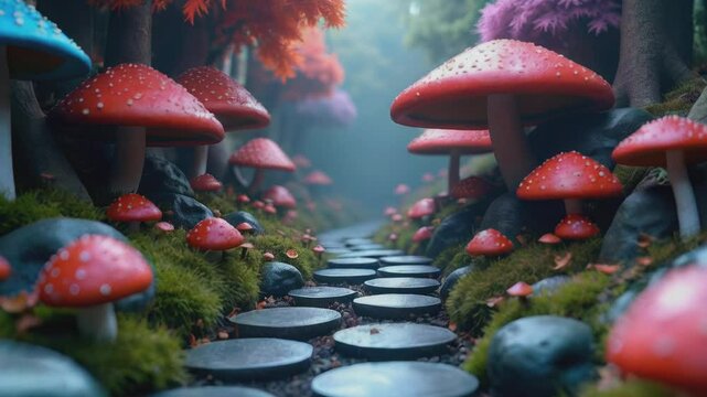 Wonderland. POV walking down a stone path lined with giant, colorful mushrooms in a misty forest. The whimsical scene evokes a sense of wonder, as if she's journeying into a magical, fairy-ta