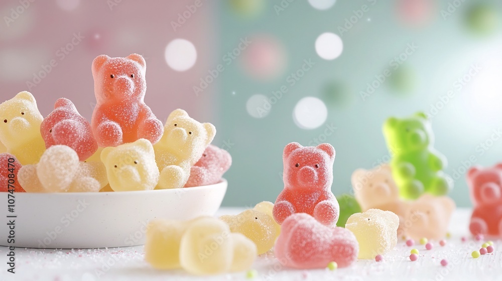 Poster Closeup of Assorted Colorful Gummy Bears Displayed Together Showcasing the Fine Details and Textures of Each Piece with a Soft Blurred Background for a Vibrant Appetizing Composition
