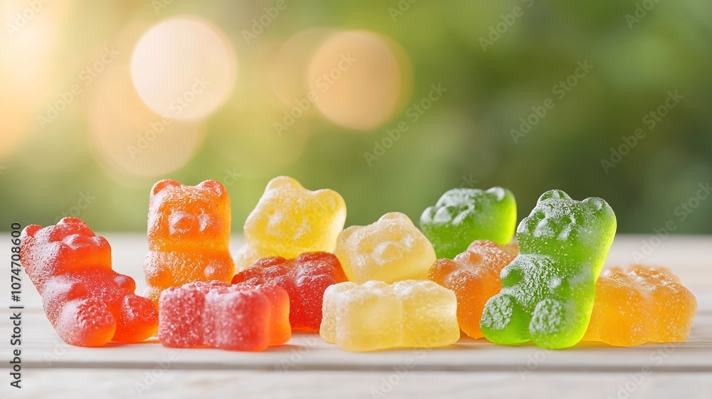 Aufkleber macro photograph of brightly colored and glossy gummy bears set against a warm and blurred bokeh bac