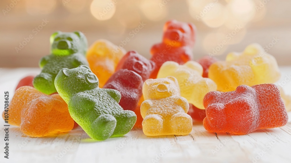 Fototapete Closeup macro shot of colorful and glossy gummy bears set against a warm and blurred bokeh background creating a tempting and appetizing visual appeal