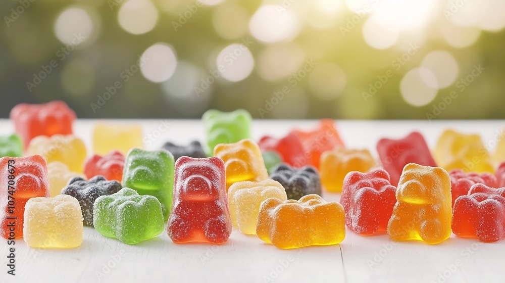 Leinwandbilder closeup of colorful and vibrant gummy bears showcasing their glossy textured surface with a soft blu