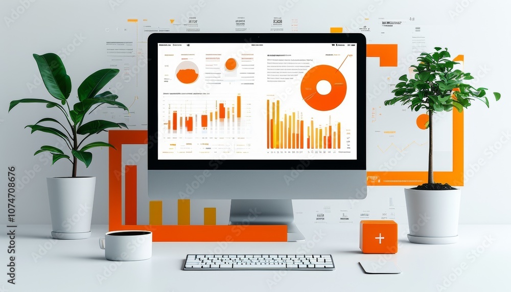 Poster modern workspace featuring minimalist infographic elements and vibrant graphs on a computer screen w