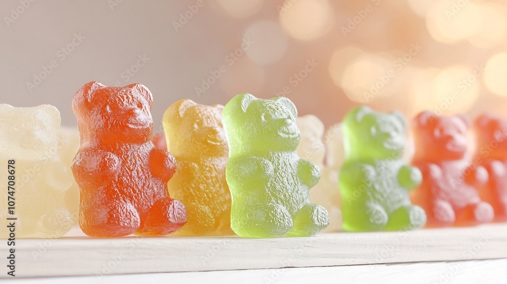 Leinwandbilder macro close up of vivid and glossy gummy bears set against a warm and inviting bokeh background that