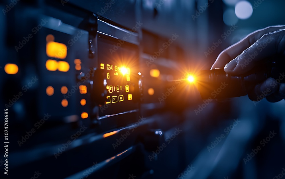 Poster A hand using a flashlight to inspect equipment in a dimly lit room, highlighting digital displays and controls.