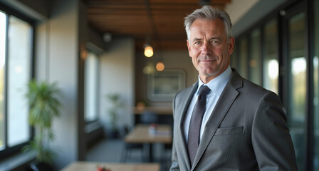 Fototapeta premium Confident Mature Businessman Smiling in Modern Office with Copy Space