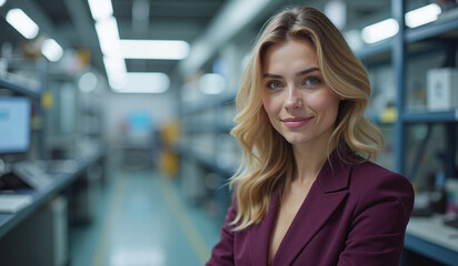 Obraz premium Confident Businesswoman Smiling in Modern Office Hallway