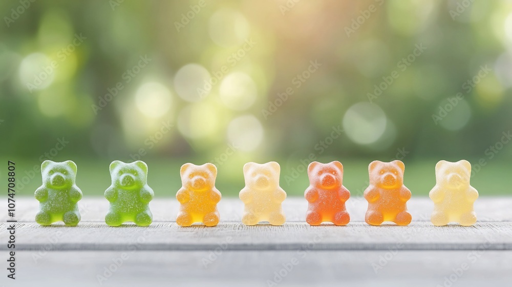 Poster Detailed close up shot of a group of colorful chewy gummy bears emphasizing their vibrant hues and tempting soft texture with a gentle blurred background for a premium appetizing product display