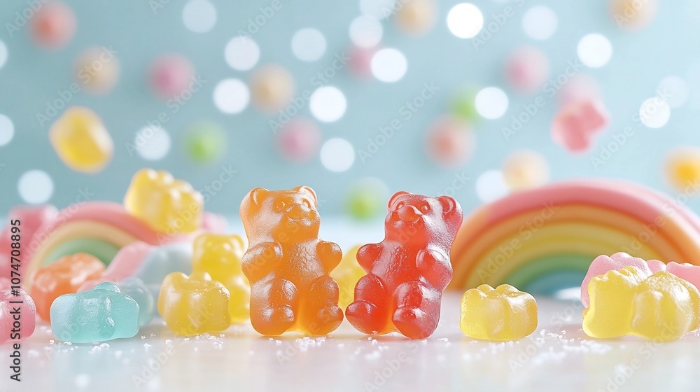 Leinwandbilder Close up of brightly colored gummy bears capturing the intricate details and glossy surface with a stunning bokeh background that creates a visually captivating and alluring image