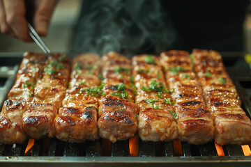 tasty traditional adana shish kebab skewers on the grill, tasty oriental dish
