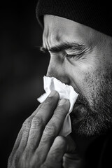 Man with stubble blowing his nose into a white tissue, wool hat on head eyes closed furrowed brows frowning hands to nose. 