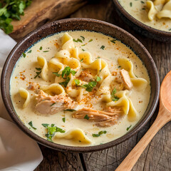Creamy chicken noodle soup with tender chicken, egg noodles, and fresh herbs, served in a rustic bowl, perfect for a comforting meal. Ideal for chilly days or quick dinners.