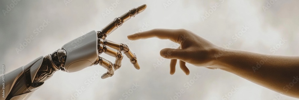 Leinwandbilder a human hand reaches out towards a robot hand, symbolizing the merging of technology and humanity in