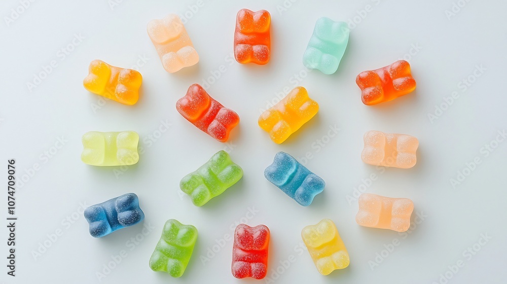 Aufkleber vibrant star shaped pattern made from colorful gummy bears arranged neatly on a light background cre