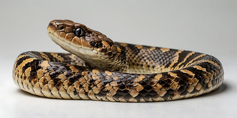 Fototapeta premium a coiled snake with various unique patterns and types, lying on a white background. Realistic view. created with generative AI