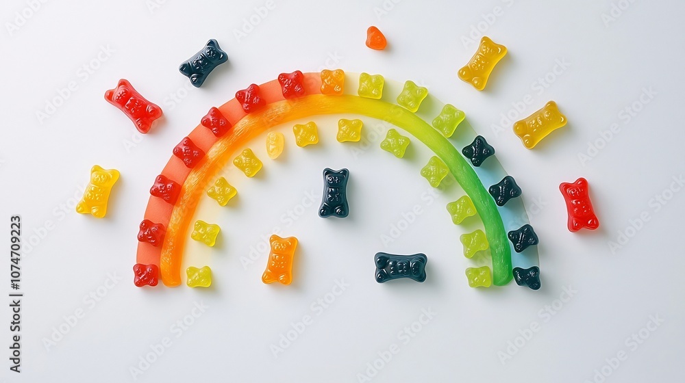 Aufkleber vibrant and whimsical arrangement of multicolored gummy bears forming a cheerful rainbow arc pattern