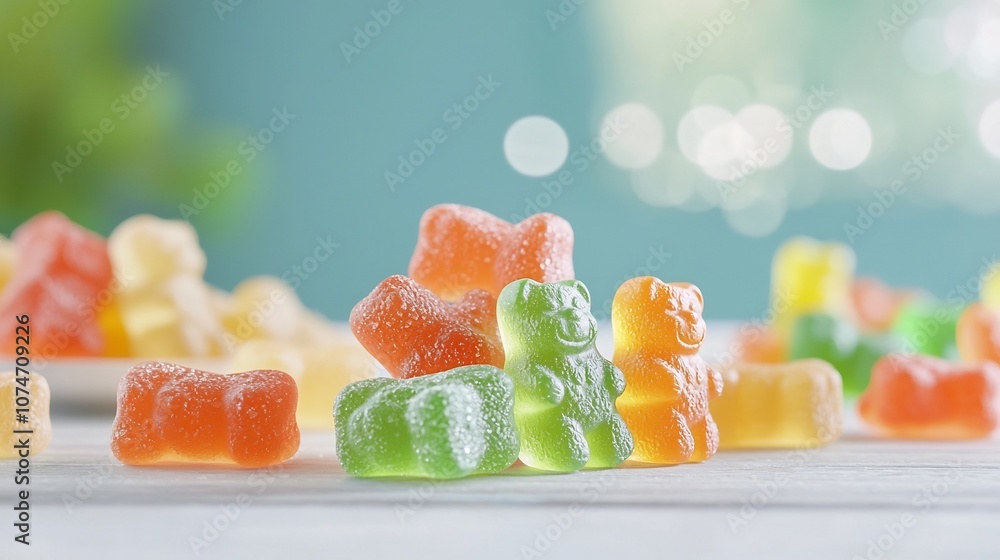 Leinwandbilder Closeup macro shot of gummy bears with rich vivid colors and a glossy appetizing texture  The bokeh effect in the background adds depth and a beautiful blur to the scene creating a tempting