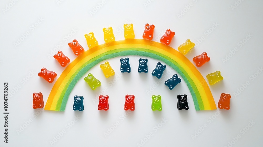 Aufkleber a vibrant rainbow arc of various colored gummy bears creatively arranged in a cheerful geometric pat