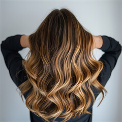 Fototapeta premium picture of a woman from behind with realistic brown balayage to mid of hairstyle