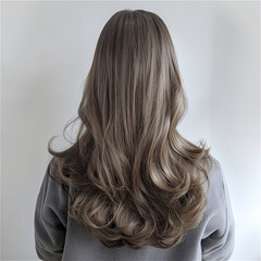 Naklejka premium female long ash brown hair with highlights, cascading down her back, long wavy hair salon photography