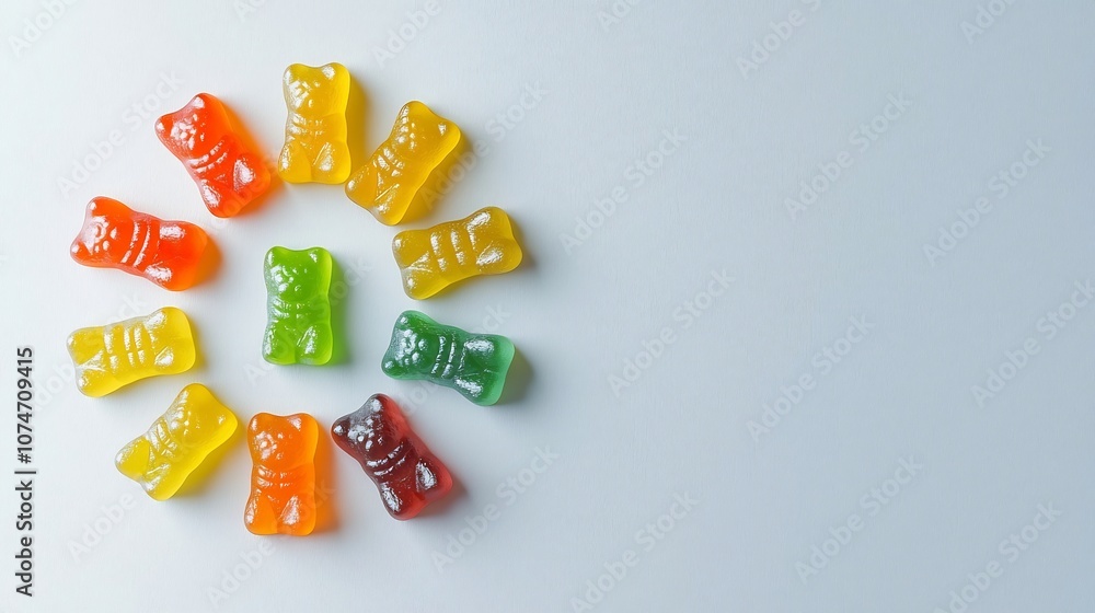 Fototapete layout of gummy bears in a floral shape with each color of the chewy candy forming a different petal